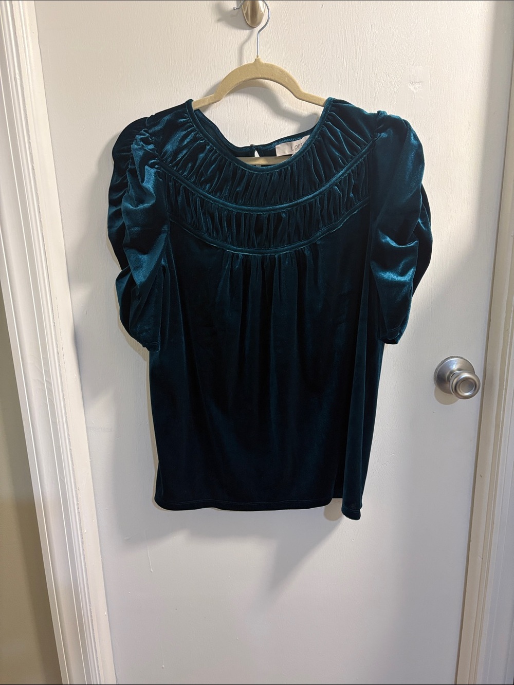 LOFT Teal Velvet Puff-Sleeve Blouse